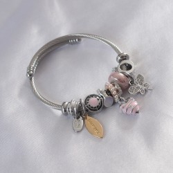 Çelik Charm Model Pembe Kalp Figür Kelebek Detay Zirkon Taşlı Kadın Bileklik