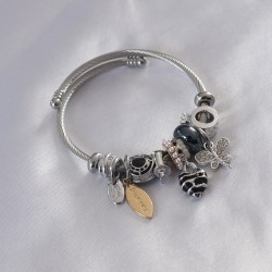 Çelik Charm Model Siyah Kalp Figür Kelebek Detay Zirkon Taşlı Kadın Bileklik