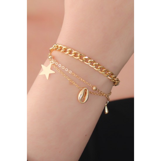 Gold Renk Zincir Model Deniz Kabuğu Figür Yıldız Detay Kadın Bileklik Gold Renk Zincir Model Deniz Kabuğu Figür Yıldız Detay Kadın Bileklik