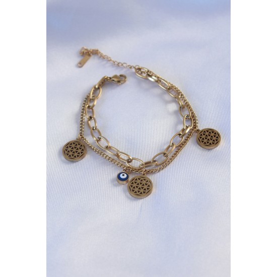 316L Çelik Gold Renk Lotus Figür Nazar Boncuğu Model Zincir Kadın Bileklik 316L Çelik Gold Renk Lotus Figür Nazar Boncuğu Model Zincir Kadın Bileklik