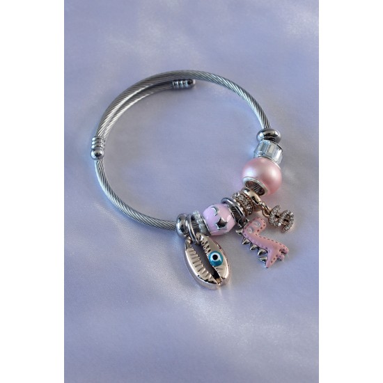 Pembe Dinazor Figür Deniz Kabuğu Detay Zirkon Taşlı Charm Model Kadın Bileklik Pembe Dinazor Figür Deniz Kabuğu Detay Zirkon Taşlı Charm Model Kadın Bileklik