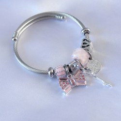 Gümüş Renk Pembe Boncuk Kurdele Model Zirkon Taşlı Charm Kadın Bileklik
