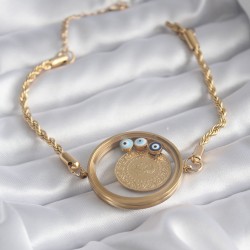 316L Çelik Gold Renk Burgu Zincir Fanus Çeyrek Model Kadın Bileklik