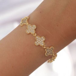 Pirinç Gold Renk Zirkon Taşlı Yonca Figürlü Çiçek Model Bileklik