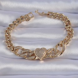 Pirinç Gold Renk Zirkon Taşlı Kalp Figürlü Zincir Bileklik