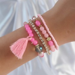 Açık Pembe Renk Zirkon Taşlı Püskül Detay Boncuklu Çoklu Bileklik