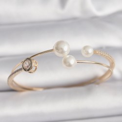 Pirinç Gold Renk Zirkon Taşlı Top İncili Kadın Bileklik