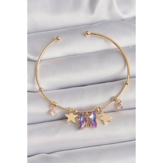 Pirinç Gold Renk Sallantı Mor Zirkon Taşlı Kelebek Figür Yıldız Detay Charm Bileklik Pirinç Gold Renk Sallantı Mor Zirkon Taşlı Kelebek Figür Yıldız Detay Charm Bileklik