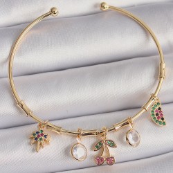 Pirinç Gold Renk Sallantı Zirkon Taşlı Kiraz Figür Ağaç Detay Charm Bileklik