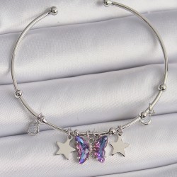 Pirinç Gümüş Renk Sallantı Mor Zirkon Taşlı Kelebek Figür Yıldız Detay Charm Bileklik