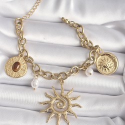 316L Çelik Gold Renk Zincir İnci Detay Güneş Model Kadın Bileklik