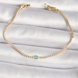 Pirinç Gold Renk Su Yolu Zirkon Taşlı Mavi Kadın Bileklik
