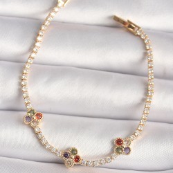 Pirinç Gold Renk Su Yolu Zirkon Taşlı Renkli Yonca Model Kadın Bileklik