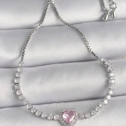 Pirinç Gold Renk Su Yolu Zirkon Taşlı Pembe Kalp Asansör Model Charm Kadın Bileklik