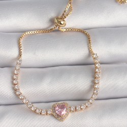 Pirinç Gold Renk Su Yolu Zirkon Taşlı Pembe Kalp Asansör Model Charm Kadın Bileklik