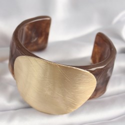 Kahverengi Mermer Desen Akrilik Plastik Gold Daire Plaka Model Vintage Kadın Bilezik