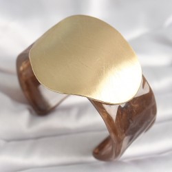 Kahverengi Mermer Desen Akrilik Plastik Gold Daire Plaka Model Vintage Kadın Bilezik