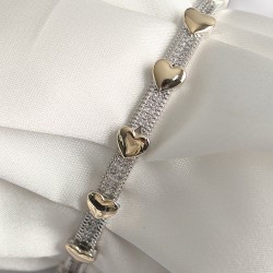 Pirinç Gümüş Renk Zirkon Taşlı Gold Kalpli VIP Seri Kadın Bileklik