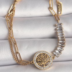 316L Çelik Gold Renk 2'Li Zincir Su Yolu Zirkon Taşlı Yaşam Ağacı Figür Kadın Bileklik