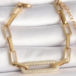 316L Çelik Gold Renk Zirkon Taşlı Kare Zincir Model Kadın Bileklik