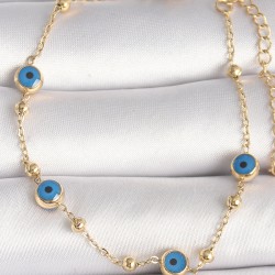 316L Çelik Gold Renk Topçuk Detaylı Zincir Nazar Boncuk Model Kadın Bileklik