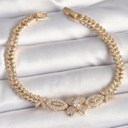 Pirinç Gold Renk Zirkon Taşlı Çiçek Figür Arpa Zincir Model Kadın Bileklik