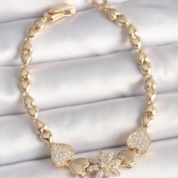 Pirinç Gold Renk Zirkon Taşlı Çiçek Figür Kalp Zincir Model Kadın Bileklik