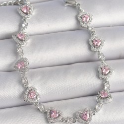 Pirinç Gümüş Renk Zirkon Taşlı Pembe Kalp Model VIP Seri Kadın Bileklik