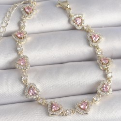 Pirinç Gold Renk Pembe Zirkon Taşlı Kalp Model VIP Seri Kadın Bileklik