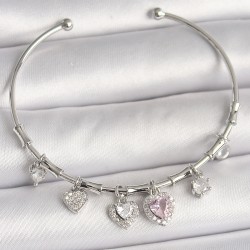 Pirinç Gümüş Renk Sallantı Pembe Zirkon Taşlı Kalp Model Charm Kadın Bileklik