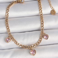 316L Çelik Gold Renk Zincir Sallantı Pembe Zirkon Taşlı Kalp Model Kadın Bileklik
