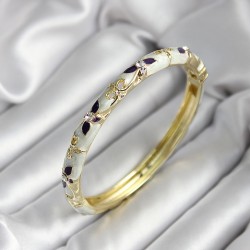Mineli Pirinç Siyah Çiçek Desenli Zirkon Taşlı Gold Renk Kadın Kelepçe (çap 60 mm)