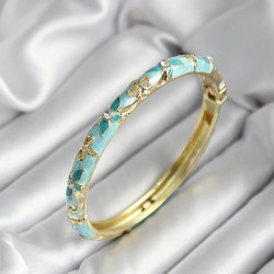 Mineli Pirinç Turkuaz Çiçek Desenli Zirkon Taşlı Gold Renk Kadın Kelepçe (çap 60 mm)