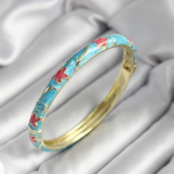 Mineli Pirinç Mavi Çiçek Desenli Gold Renk Kadın Kelepçe (çap 60 mm)