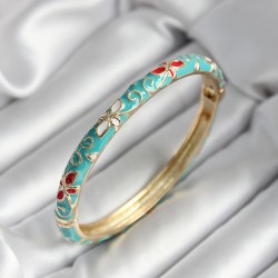 Mineli Pirinç Turkuaz Çiçek Desenli Gold Renk Kadın Kelepçe (çap 60 mm)