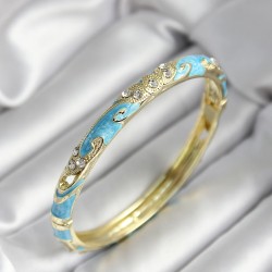 Mineli Pirinç Turkuaz Çiçek Desenli Zirkon Taşlı Gold Renk Kadın Kelepçe
