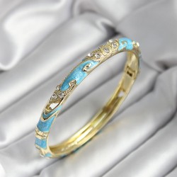 Mineli Pirinç Turkuaz Çiçek Desenli Zirkon Taşlı Gold Renk Kadın Kelepçe