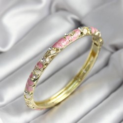 Mineli Pirinç Pembe Çiçek Desenli Zirkon Taşlı Gold Renk Kadın Kelepçe
