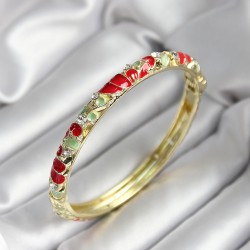 Mineli Pirinç Kırmızı Çiçek Desenli Gold Renk Kadın Kelepçe