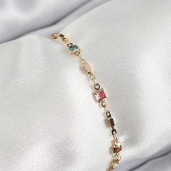 Pirinç Gold Renk Karışık Renkli Kare Zirkon Taşlı Kadın Bileklik