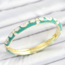 Mineli Pirinç Beyaz Yeşil Çiçek Desenli Gold Renk Kadın Kelepçe