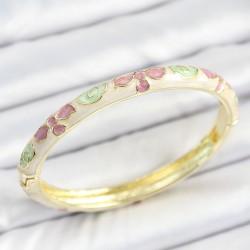 Mineli Pirinç Yeşil Pembe Çiçek Desenli Gold Renk Kadın Kelepçe