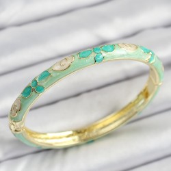 Mineli Pirinç Gold Renk Su Yeşili Çiçek Motifli Kadın Kelepçe