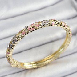 Mineli Pirinç Gold Renk Pembe Çiçek Motifli Kadın Kelepçe