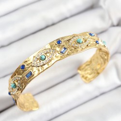 Pirinç Zirkon Taşlı Mavi Boncuklu Göz Model Gold Renk Altı Açık Kadın Bileklik
