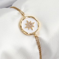 316L Çelik Zincir Beyaz Mineli Sanatsal Portre Kuzey Yıldızı Model Gold Renk Kadın Bileklik