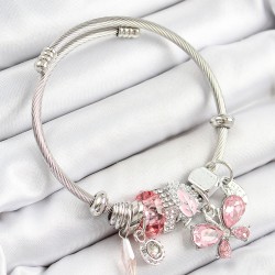 316L Çelik Pembe Zirkon Taşlı Kelebek Model Gümüş Renk Charm Bileklik