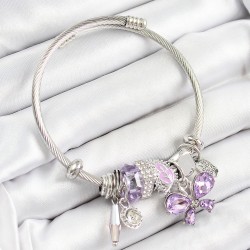 316L Çelik Mor Zirkon Taşlı Kelebek Model Gümüş Renk Charm Bileklik