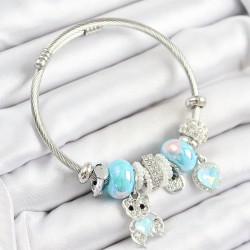 316L Çelik Mavi Zirkon Taşlı Ayıcık Ve Kalp Model Gümüş Renk Charm Bileklik