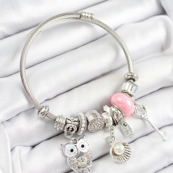 316L Çelik Pembe Zirkon Taşlı Baykuş İstiridye Ve Anahtar Model Gümüş Renk Charm Bileklik